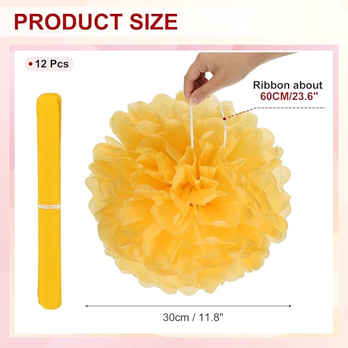 PATIKIL 12inch Tissue Paper Pom Poms, 12PCS Pom Poms Paper Flowers Ball Tissue Paper Flowers for Wedding Bridal Shower Birthday Bachelorette Party Backdrop Decoration, Yellow