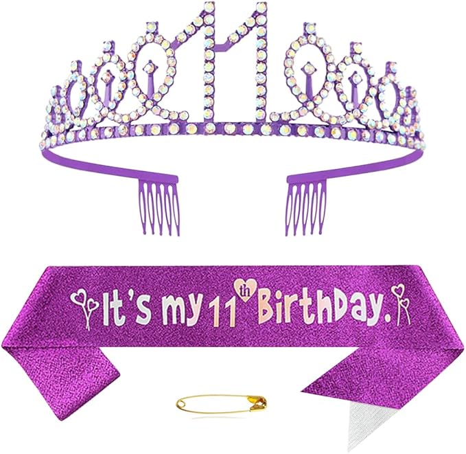 Purple 11th Birthday Sash for Girls Birthday Princess Crown Queen Tiara Rhinestone Birthday Headbands Birthday Girl Sash Happy Birthday Decorations for Girls 11 Year Old Birthday Party Supplies