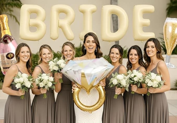 Bachelorette Party Balloons Set – 2 Champagne Bottles, 2 Champagne Glasses & 4 Diamond Ring Balloons – Engagement, Bridal Shower, Hen Party Decorations (2 Pac)