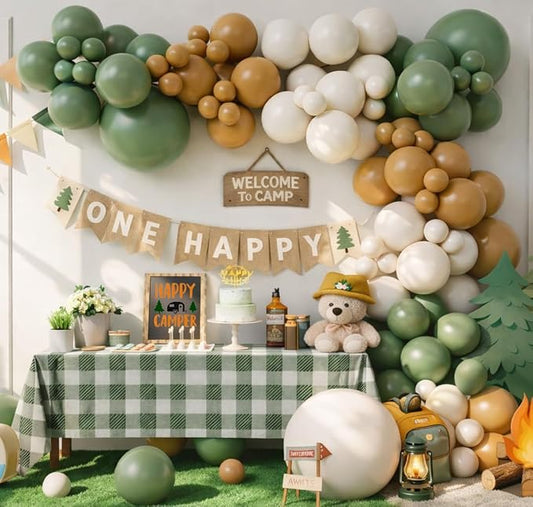 Brown and Green Balloon Arch Kit for Boys One Happy Camper Camp Bachelorette Camping Birthday Outdoor Wild Adventure Party Decorations