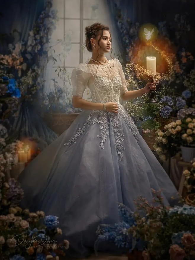 Kate Blue Flower Curtain Window Room Backdrop Romantic Retro Wedding Birthday Background for Photography 7x5ft