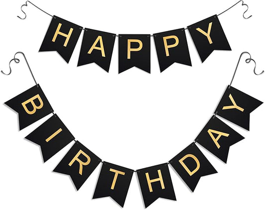 Black Happy Birthday Banner - Hanging Backdrop Sign With Gold Letters, Happy Birthday Sign Bunting Decorations For Men Women Kids Baby Shower Party Supplies (13pcs)