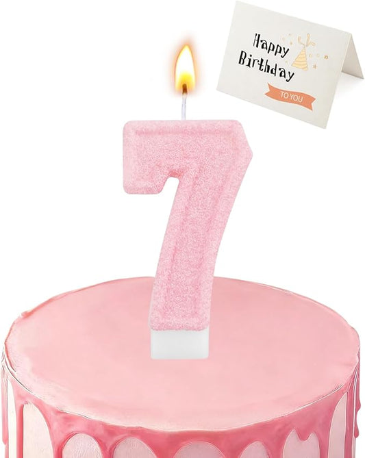 Birthday Candles for Cake, Pink Number Candles, Cake Candles with Greeting Card for Birthday Party Wedding Anniversary Celebrations (Bright Pink 7 Candle)