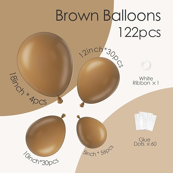 120pcs Brown Balloons, 18 12 10 5 inch Brown Balloons Different Sizes Brown Balloon Arch Kit for Baby Shower Wedding Anniversary Birthday Party Decorations