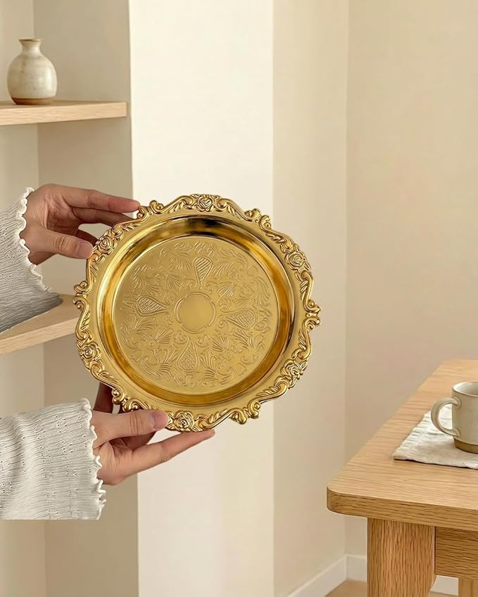 Gold Decorative Tray Set of 2, 8'' Round Vintage Metal Vanity Tray for Perfume, Small Ornate Jewelry Dish, Bathroom Counter Organizer, Coffee Table Decor