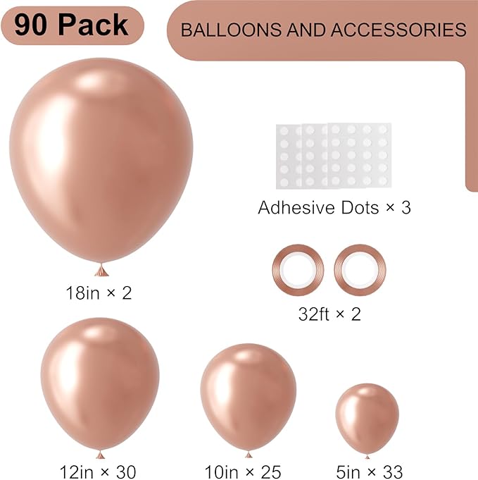 Voircoloria 90pack Rose Gold Balloons Different Size 18/12/10/5 Inch Rose Gold Balloon Garland Arch Kit for Graduation, Wedding, Birthday, Princess Theme Party, Valentine's Day Party Decorations
