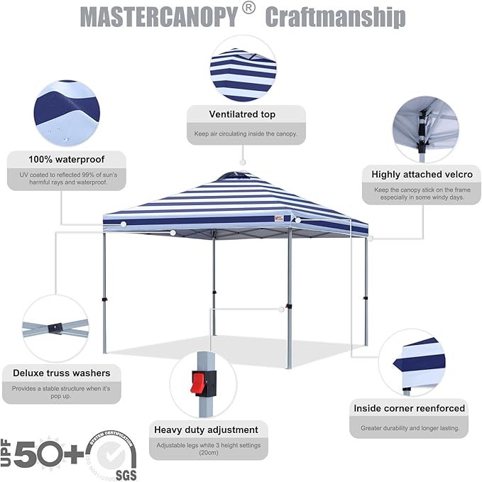 MASTERCANOPY Durable Pop-up Canopy Tent with Roller Bag (10x10, Navy Blue Stripes)