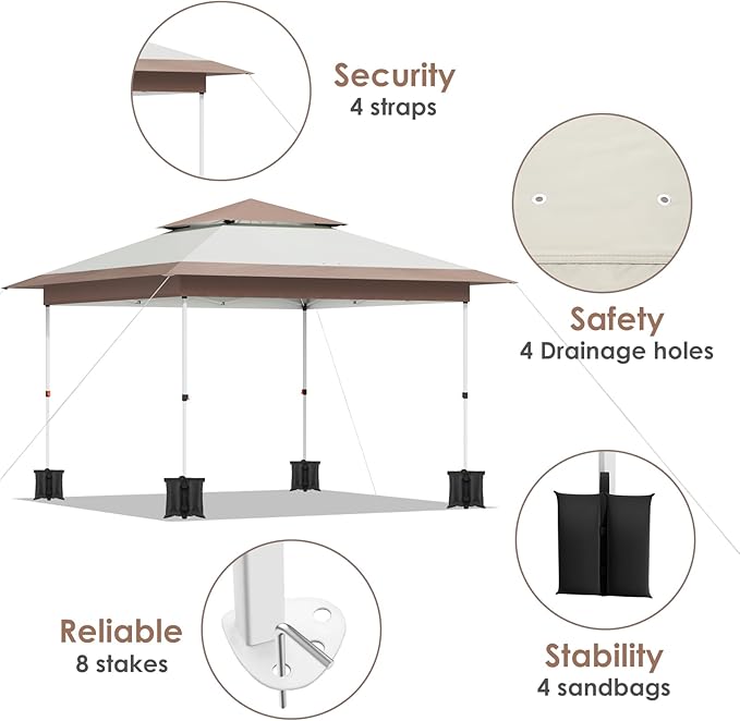 Arlopu Pop Up Canopy Tent with 1-Person Set up, Camping Instant Durable Shelter, Outdoor Gazebo Beach Shade with Wheeled Bag, 4 Sand Bags for Weight (Khaki, 12FTX12FT)
