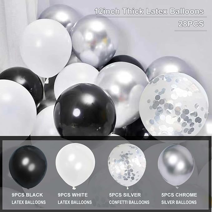 YGYXMY Birthday Decorations for Men, Black and Silver Party Decorations, Black and White Party Supplies - Banner, Balloons, Tissue Pompoms, Swirls, Tassels Garland
