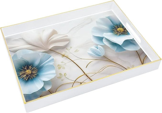Serving Tray with Handles, 15.7 * 11.8 inches, Plastic Ottoman Tray with Exquisite Paintings, Trays for Coffee Table
