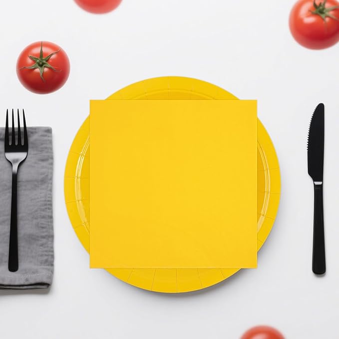 50PCS Yellow Paper Plates and Napkins Decorations, 7Inch Solid Yellow Dessert Plates Disposable Cake Plate Tableware Set Party Supplies for Birthday Anniversaries Baby Shower Wedding