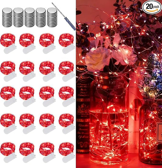 LAMPHOME 20 Pack red Fairy Lights, Battery Operated String Lights, 20 LED on 6.6FT Copper Wire Firefly Fairy for Wedding Party Mason Jar Christmas Bedroom Galentine's Day Valentine Day Decoration