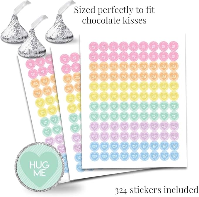 Amanda Creation Valentine Pastel Candy Heart Birthday Party Sticker Bundle Kit - 429 pieces! Includes 2" Circle Stickers for Favors, Mini Candy Bar Wrappers & Round Candy Kiss Stickers