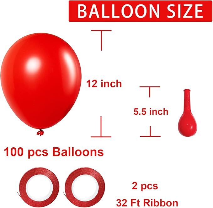 Red Balloons Red Birthday Decorations 100 Pack 12 inch Round Latex Balloons for Wedding Anniversary Birthday Valentine's 4th of July Independence Memorial Day Patriotic Party Decorations