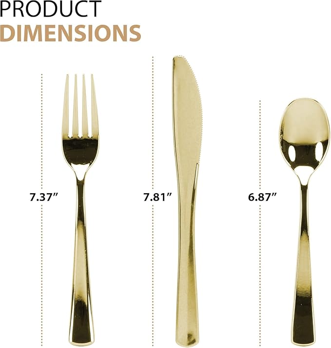 960 Piece Gold Plastic Silverware, Extra Heavyweight Disposable Cutlery Set, Full Size Gold Flatware Combo, 480 Forks 240 Spoons 240 Knives, Bulk Party & Wedding Utensils