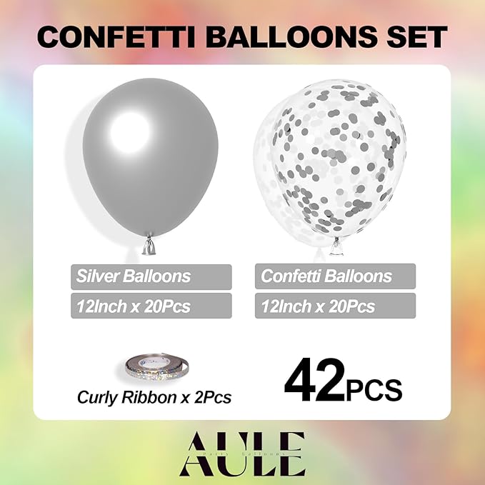 AULE Party Balloons Pack of 42 - Metallic Balloons & Confetti Balloons and 64ft Ribbons - 12 Inch Silver Balloons Decorations Set