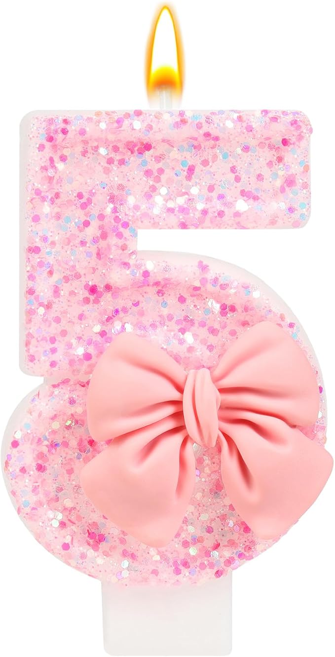 Number 5 Birthday Candle, Pink Bow Birthday Candles, Glitter Candle Cake Topper, Happy Birthday Cake Decoration Gifts, Anniversary Party Supplies for Girl