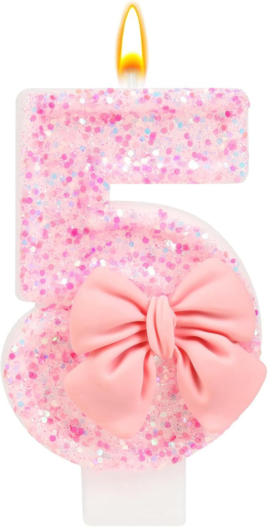 Number 5 Birthday Candle, Pink Bow Birthday Candles, Glitter Candle Cake Topper, Happy Birthday Cake Decoration Gifts, Anniversary Party Supplies for Girl