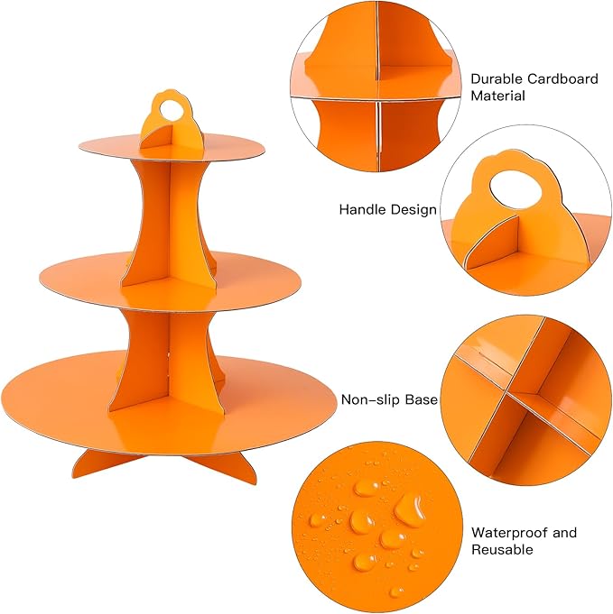 Soleebee 3-Tier Round Cupcake Stand, Cardboard Cupcake Tower, Dessert Cup Cake Stand Tower for Birthday Wedding Party Decoration, Cupcake Tier Stand 1 Set (Orange)