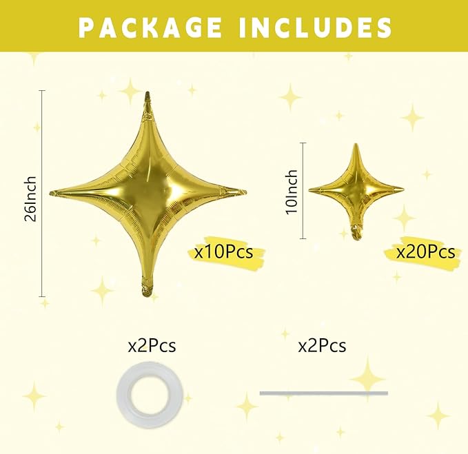 TONIFUL 30Pcs 26In&10In Star Balloons Large Gold Four Pointed Star Shape Foil Balloons Mini Star Mylar Balloons for Birthday Wedding Baby Shower Anniversary Engagement Party Decorations Supplies
