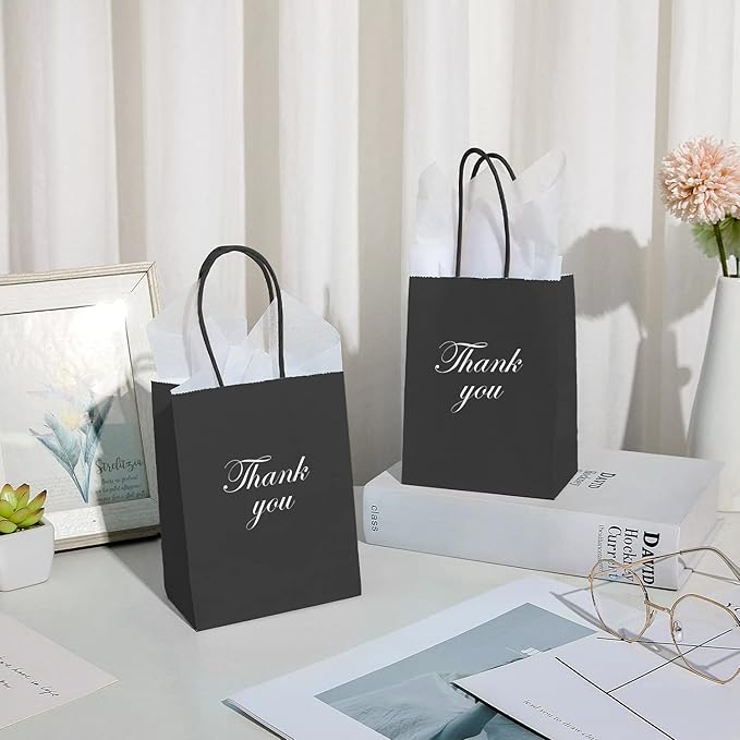 DjinnGlory 60 Pack Tiny Mini Black Paper Gift Party Goodie Bags with Handles Bulk 6.3 x 4.7 x 2.75 Inch for Halloween Birthday Favors Treats, DIY Crafts, Small Business Merchandise Kraft Bags