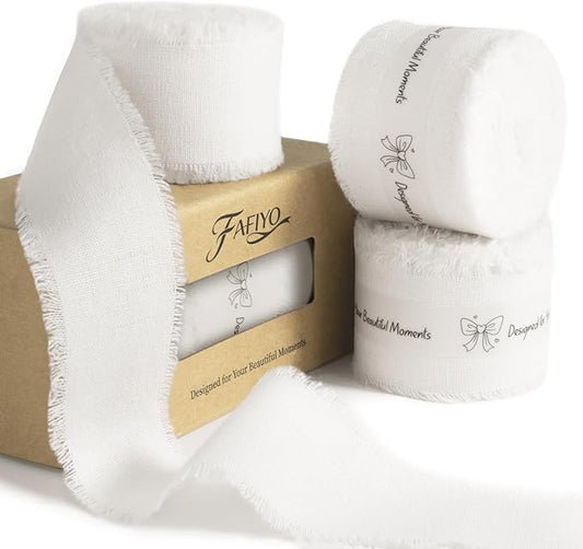 White Cotton Ribbon 1-1/2 Inch White 3 Rolls 21 Yards Frayed Edge Fabric Set for Wedding Invitations, Bridal Bouquet Wrap, Baby Shower, Christening & Gift Wrapping