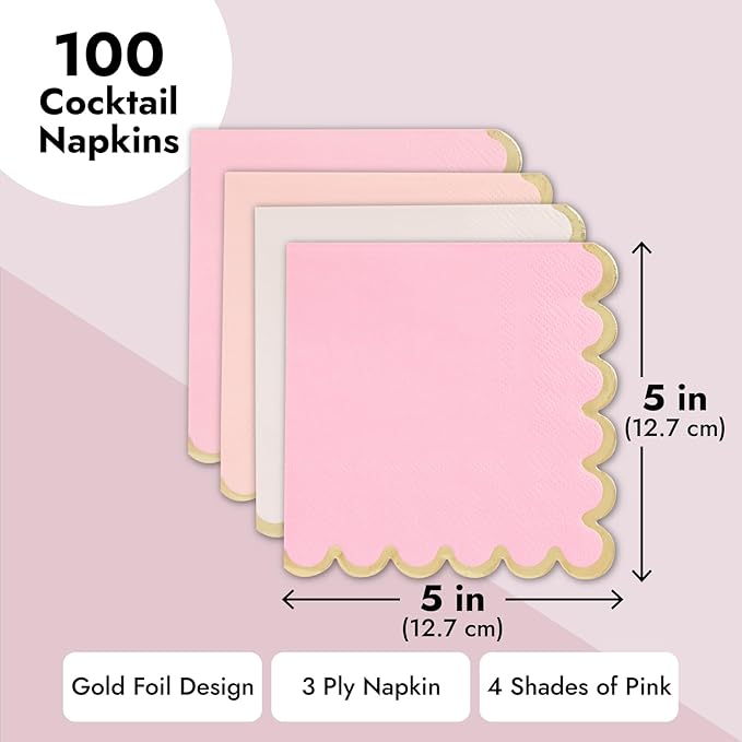 Sparkle and Bash Pink Cocktail Napkins - 5 x 5 In, 100 Count, 3-Ply Scalloped, Pink & Gold - Napkins for Baby Girl & Bridal Showers & Birthday Parties