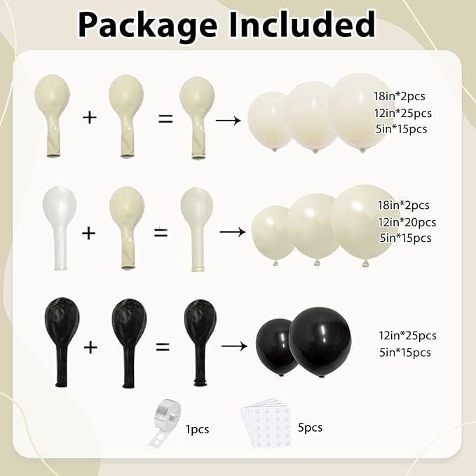 Black and White Balloons Arch Kit - 119 PCs Double Stuffed Cream and Black Balloons Garland Pearl White Sand Beige Ivory Balloons for Graduation Wedding Coquette Birthday Party Decorations