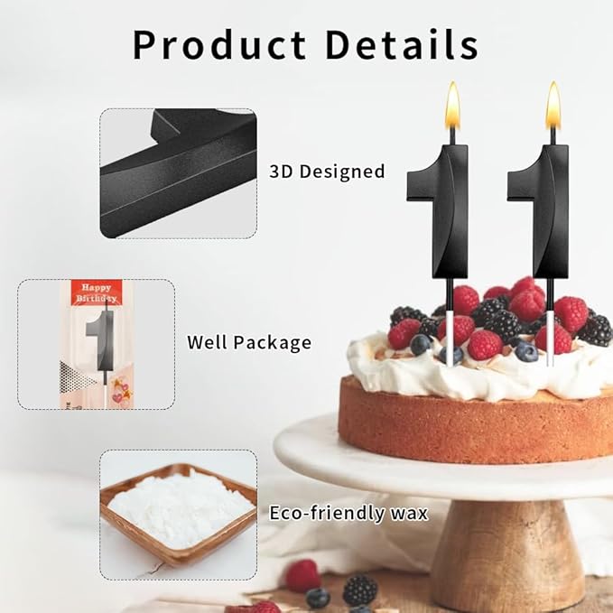 11st Birthday Number Candles (11 Black) - 2 Pack, Sparkling, Non-Toxic, Easy to Insert, Perfect for Boys & Girls Birthday Cakes & Cupcakes