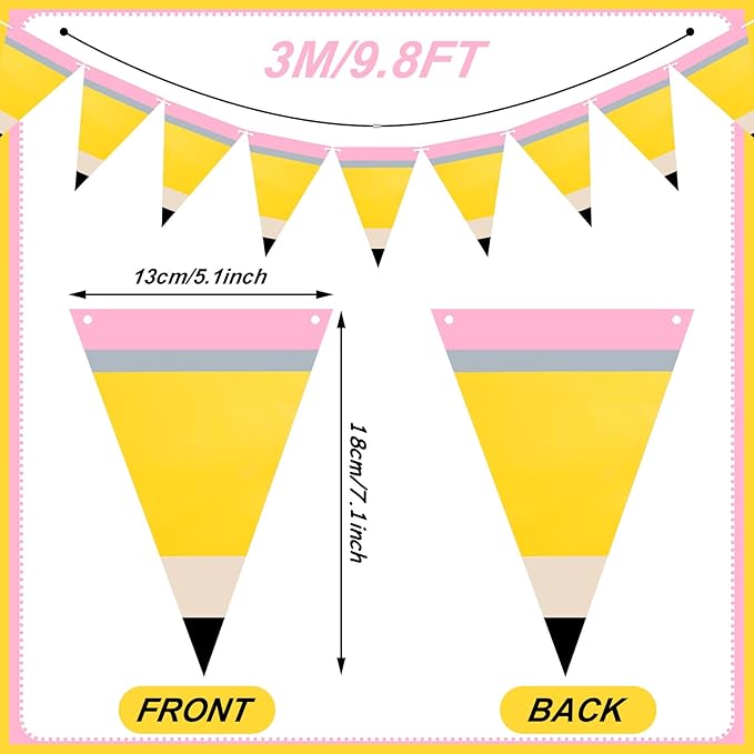 5 Pcs Pencil Shaped Paper Pennant Banners Back to School Classroom Decorations Triangle Flags with Double Sided Printing for First Day of School Classroom Ambience Celebration Decor