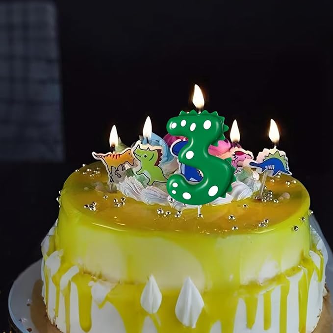 Number 3 Dinosaur Birthday Candles Set, Dino-Themed Cake Candle 3 2.75 Inch Green with 5Pcs Dinosaur Candles for Birthday Parties Celebration