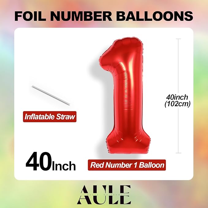 AULE 40 Inch Big Red 1 Balloon Number Large Foil Helium Number Balloons 0-9 Jumbo Giant Happy 1st Birthday Party Decorations for Boy or Girl Huge Mylar Anniversary Party Supplies