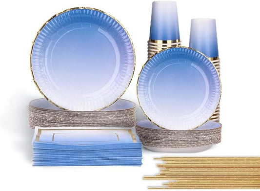 Ottin 250PCS Ombre Royal Blue Party Supplies - Paper Plates and Napkins Set for Birthday, Wedding, Bridal Shower, Mother's Day, Blue Themed Party