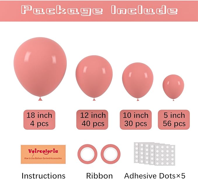 Voircoloria 130pcs Retro Pink Balloons Different Sizes 18" 12" 10" 5" Blush Pink Latex Balloon Garland Arch Kit for Birthday Baby Shower Valentine's Day Wedding Anniversary Party Decorations