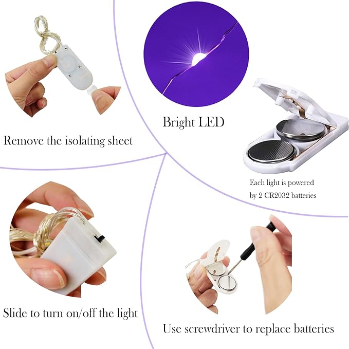 SmilingTown Battery Operated Fairy String Lights 24 Pack 20 LED 7.2ft Starry Firefly Copper Wire for Wedding Party Table Centerpiece Halloween Christmas Decorations(Purple)