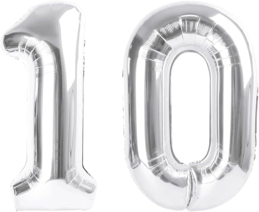Number Balloon 10th Birthday Decorations, 40 Inch Big Foil Balloon for Men & Women, Silver Number Balloons for Wedding Memorial Day Birthday Aniversarry Supplies