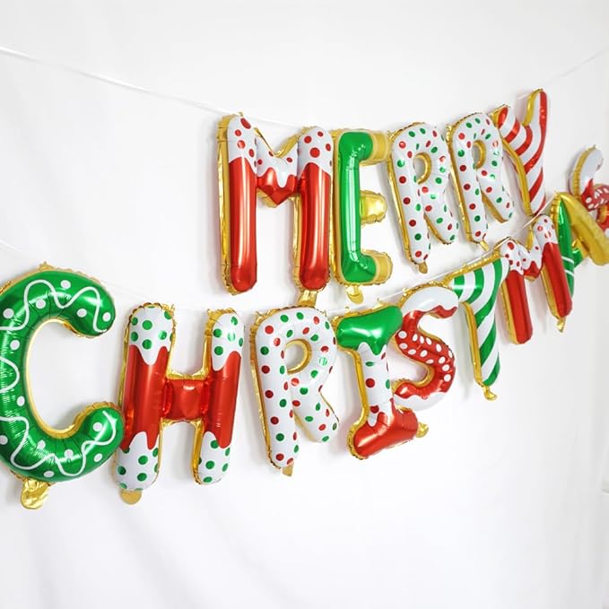 MERRY CHRISTMAS Balloon Banner, Red Green Gold Happy Christmas Style Sign for Xmas Party Decorations, 16 Inches Foil Donut Balloons Letter for Christmas Themed Indoor Outdoor Decor