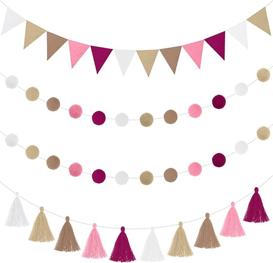 Irenare 9.8 ft Pom Pom Garland Felt Rainbow Garland 2026 Graduation Party Decoration Colorful Pennant Tassel Banner Back to School Birthday Triangle Banner for Classroom School Mantel(Pink)