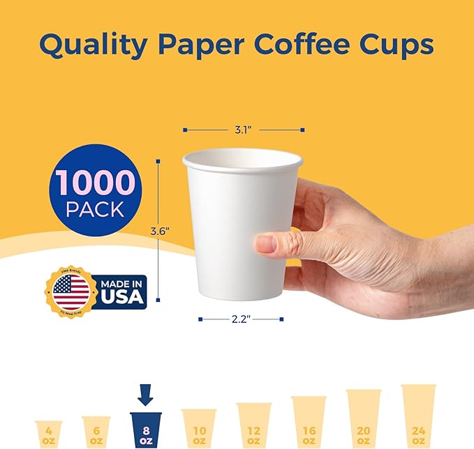 Fit Meal Prep 1000 Pack 8 oz Disposable Paper Coffee Cups, Premium White Hot Cups for Hot/Cold Beverage, Durable Thickened Paper Cup Bulk for Party, Office, Bussines, Home, Bistros, Events