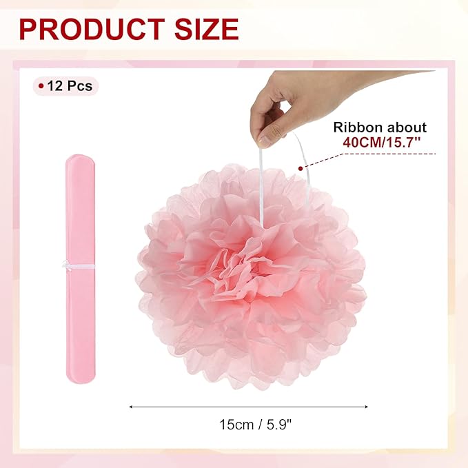 PATIKIL 6inch Tissue Paper Pom Poms, 12PCS Pom Poms Paper Flowers Ball Tissue Paper Flowers for Wedding Bridal Shower Birthday Bachelorette Party Backdrop Decoration, Light Pink
