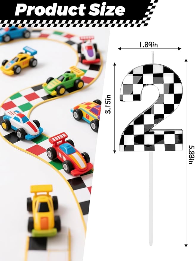 Number 2 Racing Cars Birthday Candles,2.68 Inch Black White Checkered Birthday Number Candles, Cool Racing Themed Number Candles for Boys and Girls, Kids Race Car Themed Party Decorations Supplies