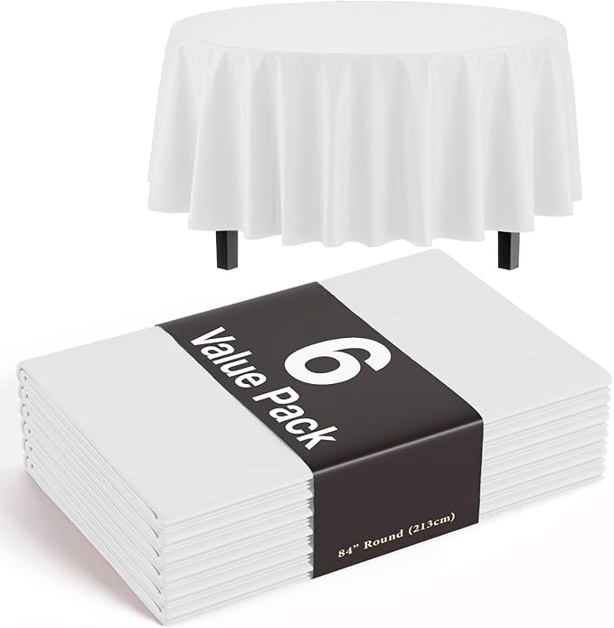Exquisite 6-Pack Plastic Tablecloth 84 inch Round Value Pack Plastic Table Cover - White