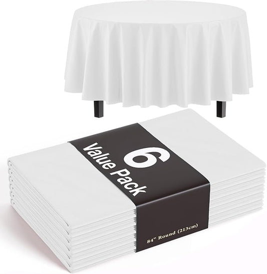 Exquisite 6-Pack Plastic Tablecloth 84 inch Round Value Pack Plastic Table Cover - White