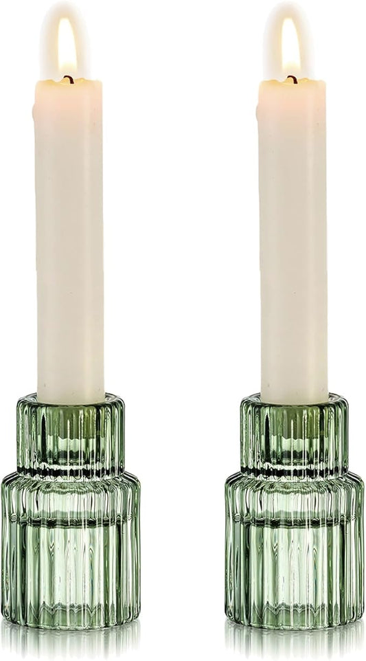 Hewory Glass Taper Candle Holders: 2PCS Green Vintage Candle Holder Candlestick Holders Bulk, Ribbed Glass Candle Holder Candle Sticks Holder Decor for Table Centerpiece Wedding Christmas Home Decor