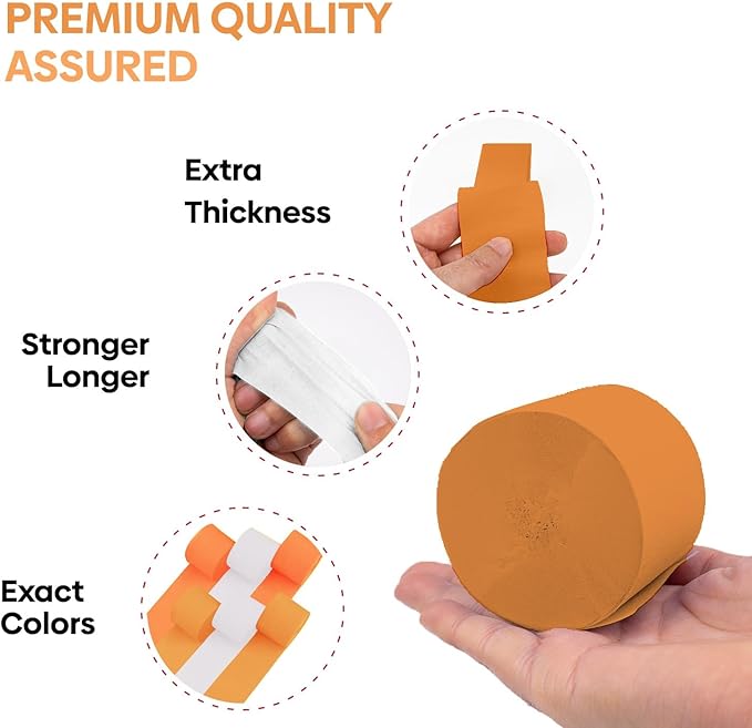 Captain Décor 6 Orange Streamers with White, 492ft Orange Crepe Paper Rolls for Party Decorations, Birthday Decorations Crepe Paper Streamers (1.8 inch x 82 ft/Roll)