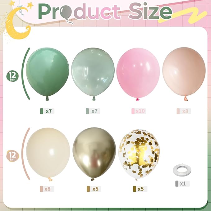 Sage Green and Pink Balloons, Dusty Green Pastel Pale Pink Light Orange Ivory White Metallic Gold Balloon with Confetti Balloon for Boho Birthday Party Baby in Bloom Flower Baby Shower Tea Decorations