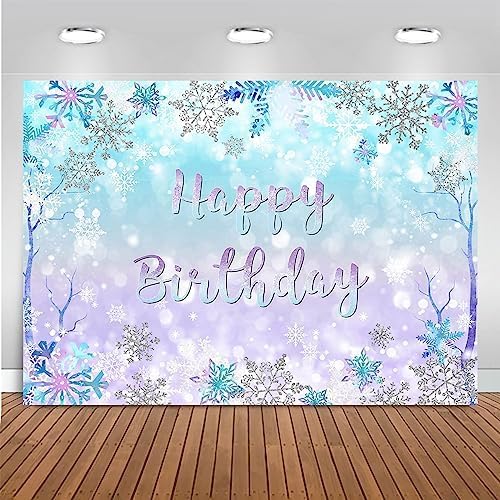 Mocsicka Winter Birthday Backdrop for Girl Ice Snow Birthday Party Decoration Blue Purple Silver Winter Wonderland Banner Snowflake Bokeh Photo Booth Props (Blue Purple, 10x7ft(120''x82''))
