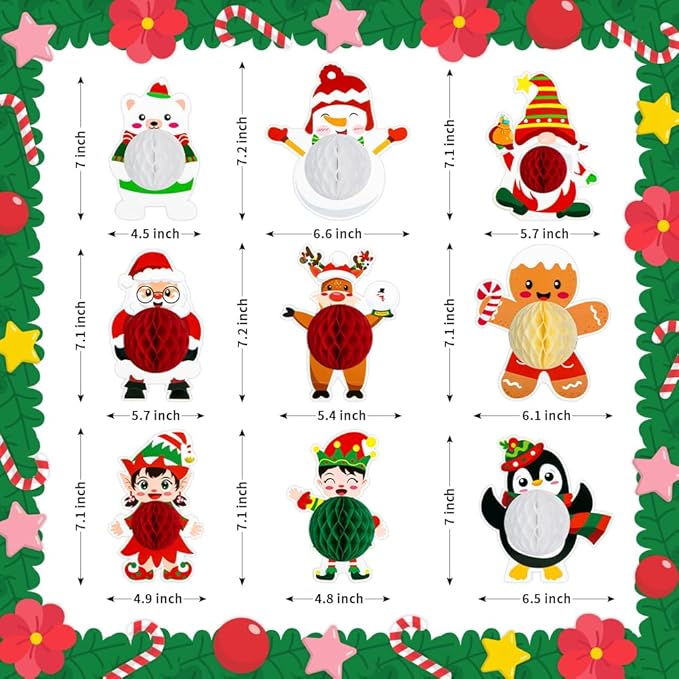 13PCS Christmas Party Decorations, Christmas Honeycomb Centerpieces For Tables, Xmas 3D Table Decorations with Santa Claus Snowman for Merry Christmas Party Supplies Indoor Home Holiday Sign