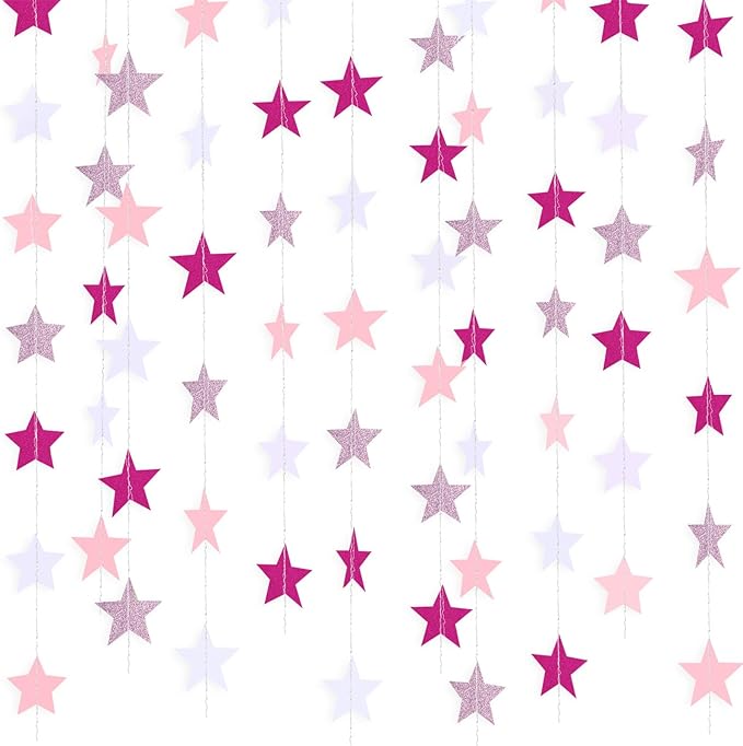 Patelai Glitter Star Garland Banner 2026 Graduation Decor 130 Feet Star Hanging Banner Twinkle Backdrop for Party Birthday Classroom Wedding Supplies(Pink,Rose Red,White)