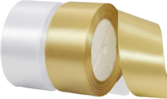 Gold Christmas Ribbon, Gold White Satin Ribbon 1-1/2 Inch 50 Yards Fabric Ribbons for Christmas Party Decorations, Gift Wrapping, Tree Ornaments, Bouquets, Door Wreaths, Bows Making and DIY Crafts